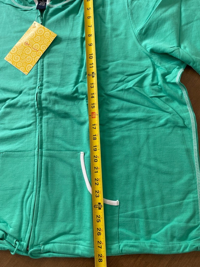 DENIM & CO New Jade Green % Cotton Hoodie w/White Trim and Pockets, Size 3X10