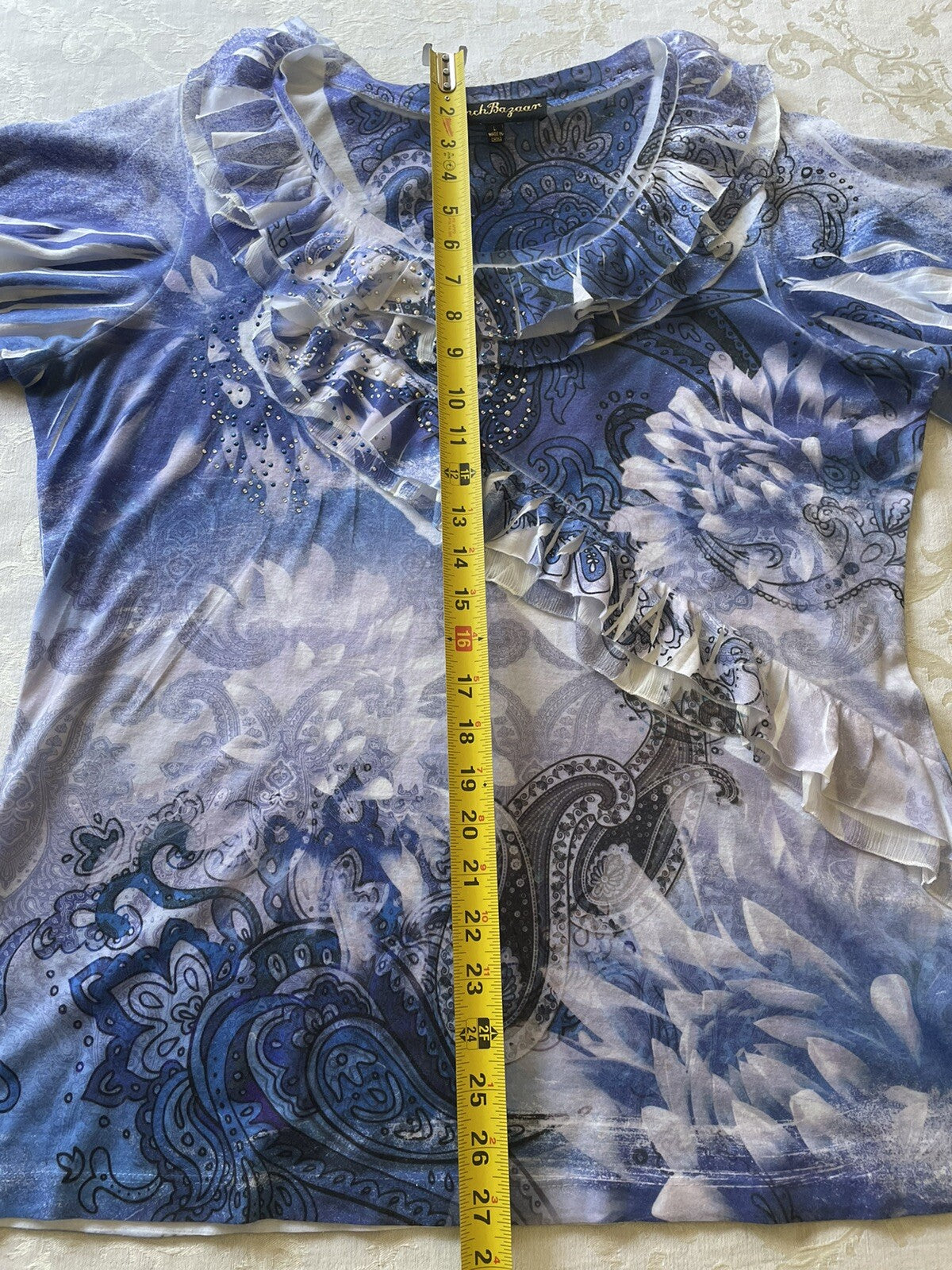 FRENCH BAZAAR Ruffle Paisley Top w/Sequin, Size L7