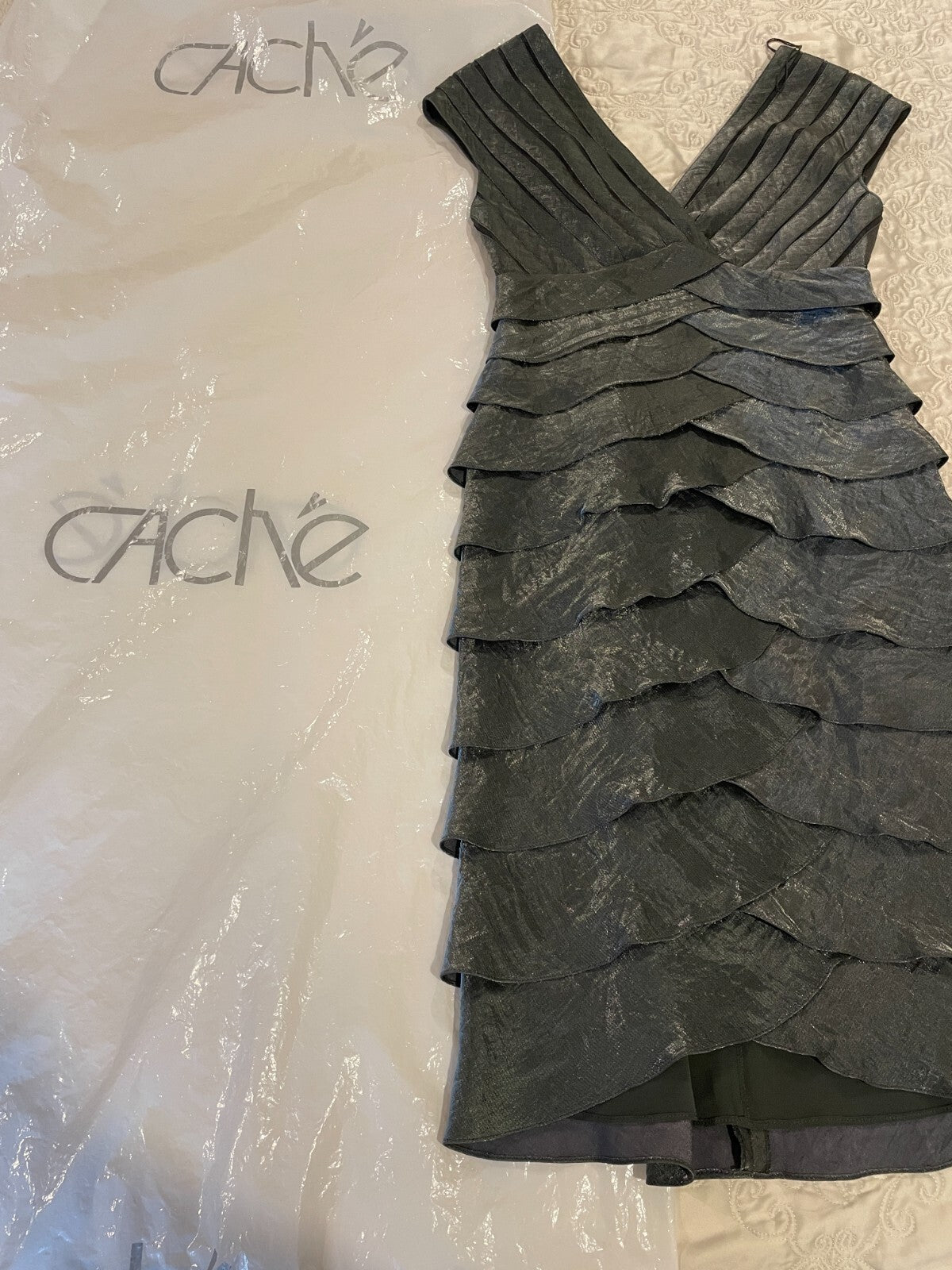 CACHE NWOT Metallic Silver Shutter Pleat Sheath Dress, Size 28