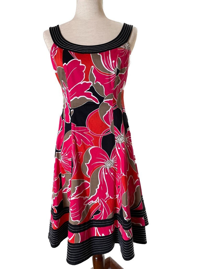 NINE WEST Red, Black Bold Floral Fit Flare Cotton Sleeveless Dress, Size 40