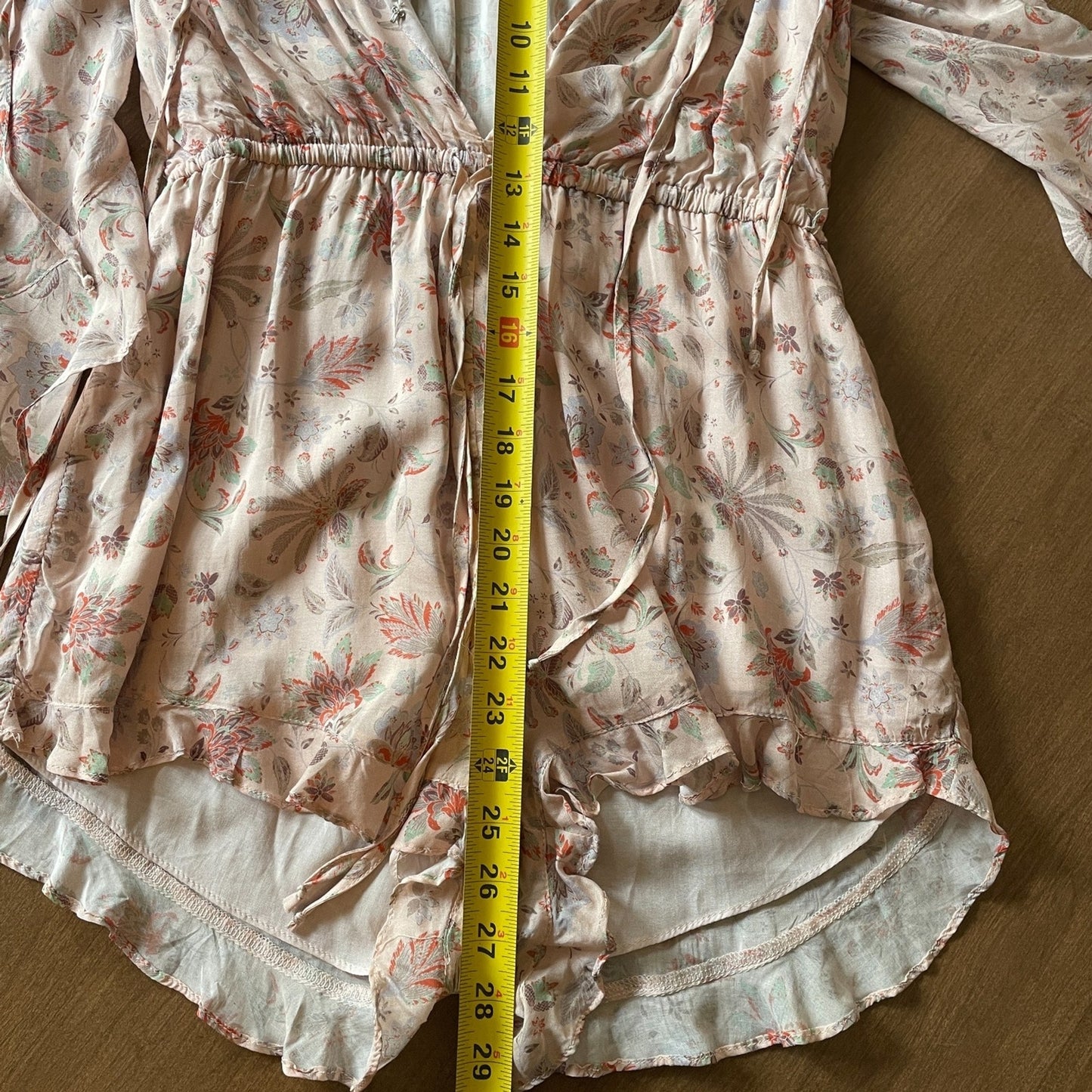 OLIVACEOUS New Peach Floral Rayon Romper with Ruffles, Size S9