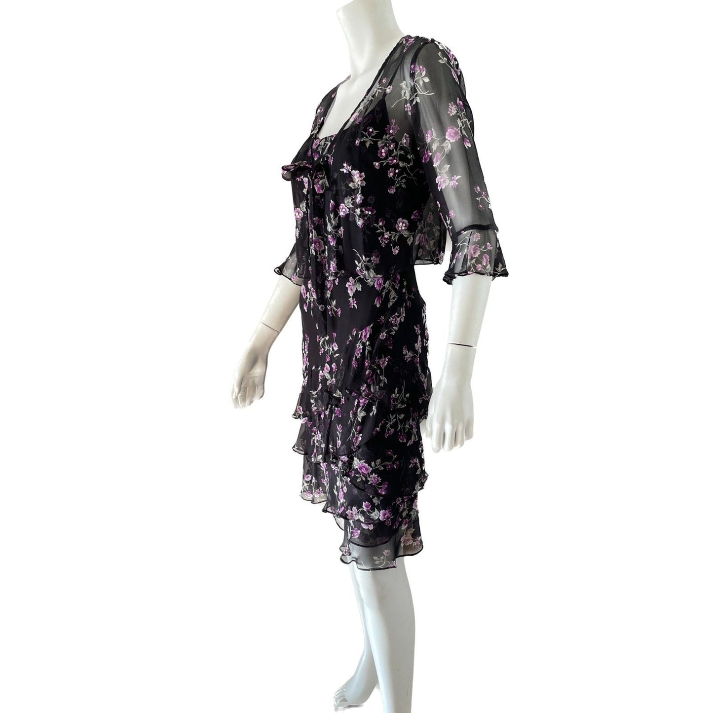 ROBBIE BEE NWOT Black & Purple Floral 100% Silk Slip Dress w/Sequin Top, Size 4P1