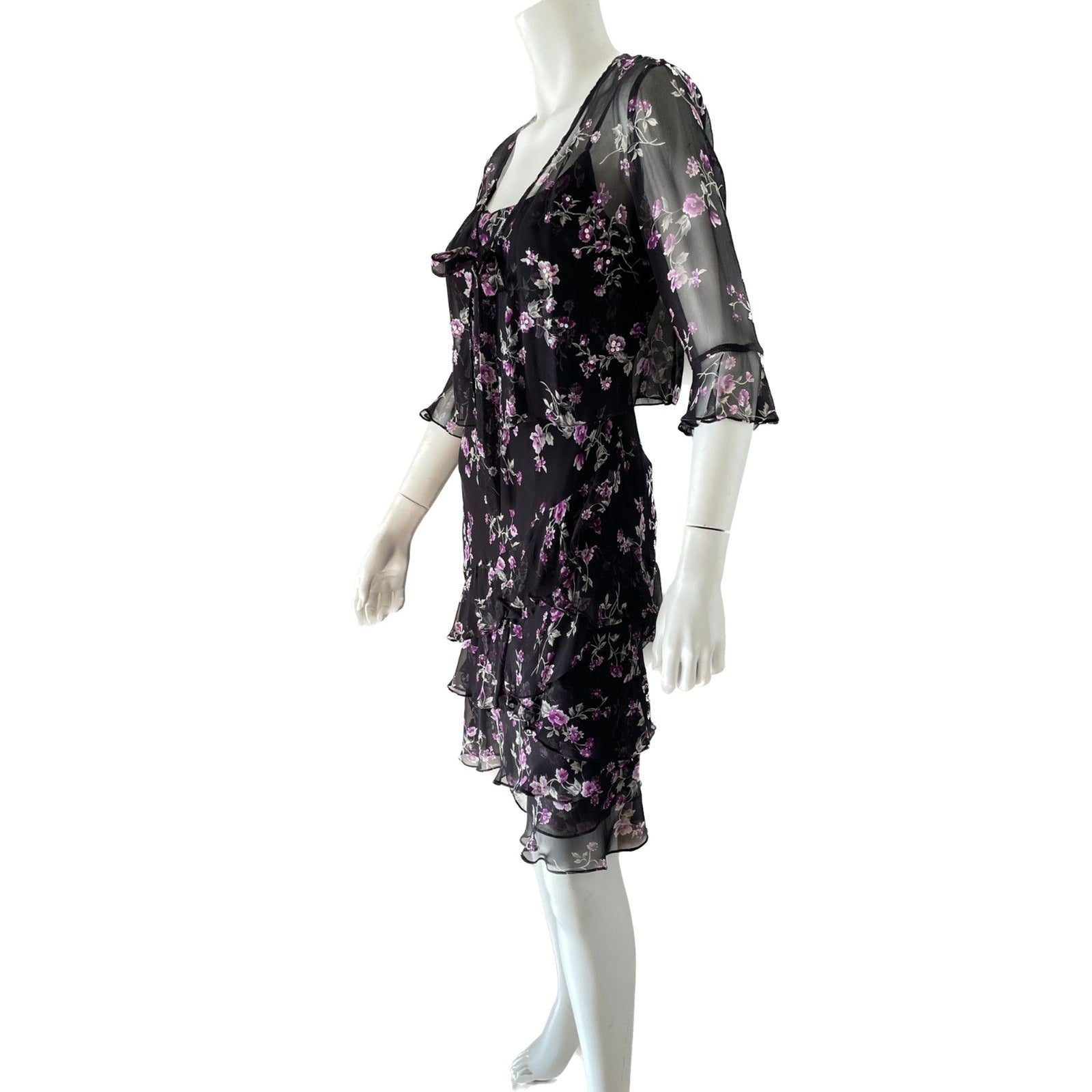 ROBBIE BEE NWOT Black & Purple Floral 100% Silk Slip Dress w/Sequin Top, Size 4P1