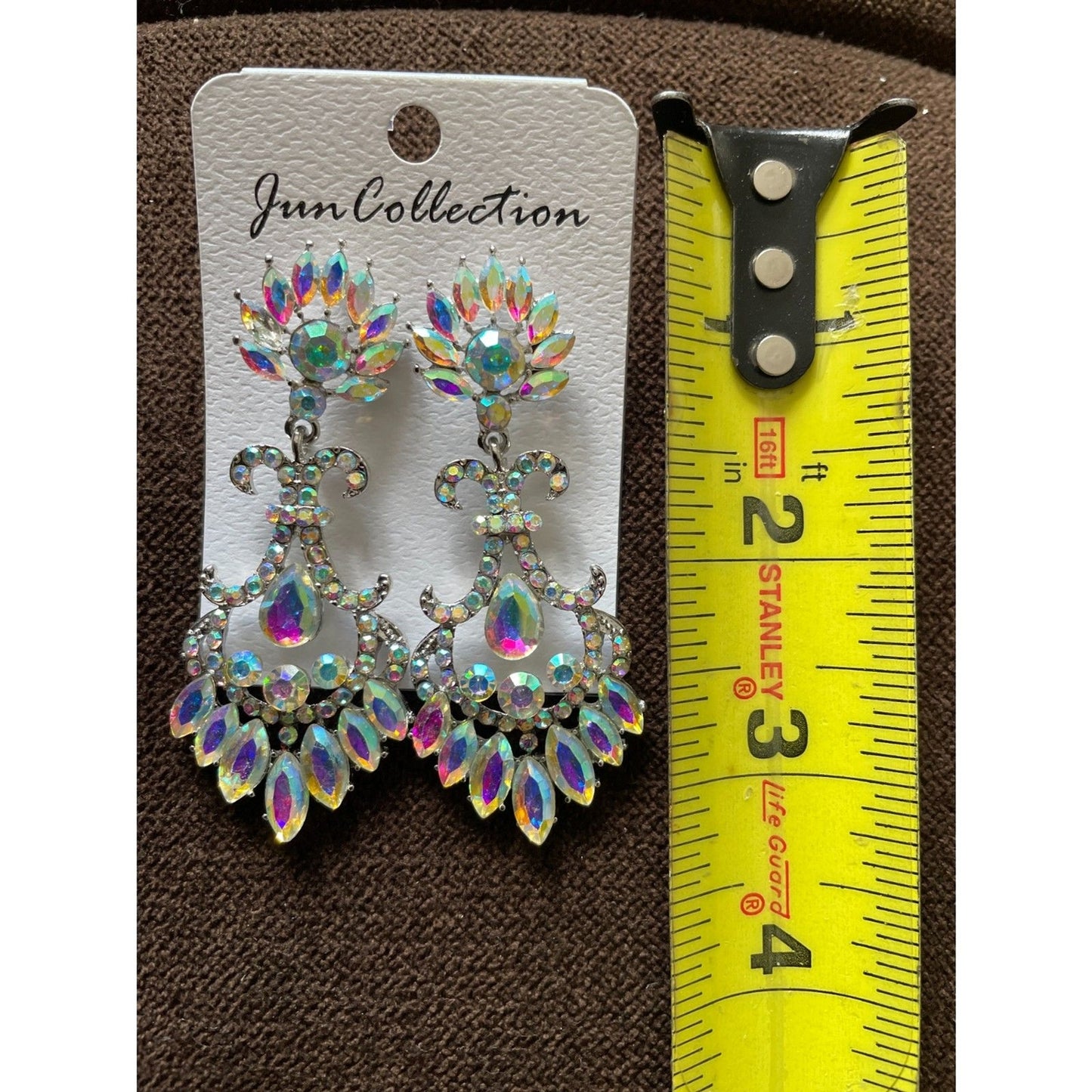 Long Silver Aurora Borealis Austrian Crystal Pageant Earrings 2.75 inches6