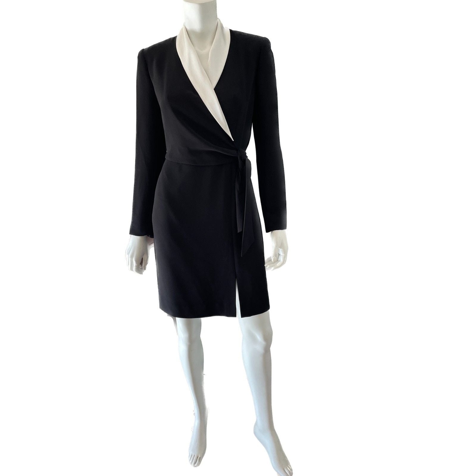 JONES NEW YORK Black Tuxedo Wrap-Around Long Sleeve Dress w/Ivory Lapel, Sz 4P1