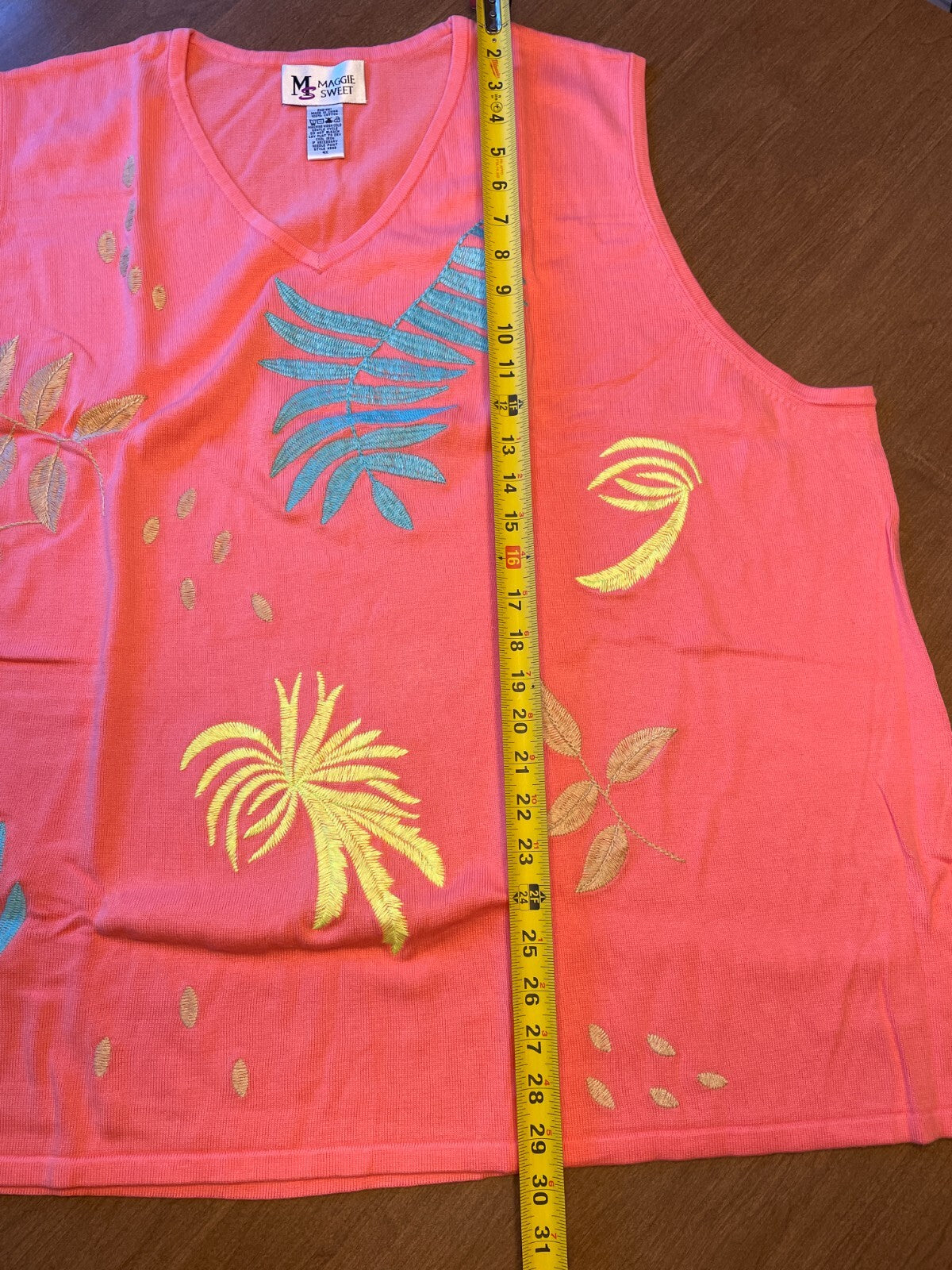 MAGGIE SWEET New 100% Cotton Embroidered Coral Palm Trees Knit Tank, Size 4X7