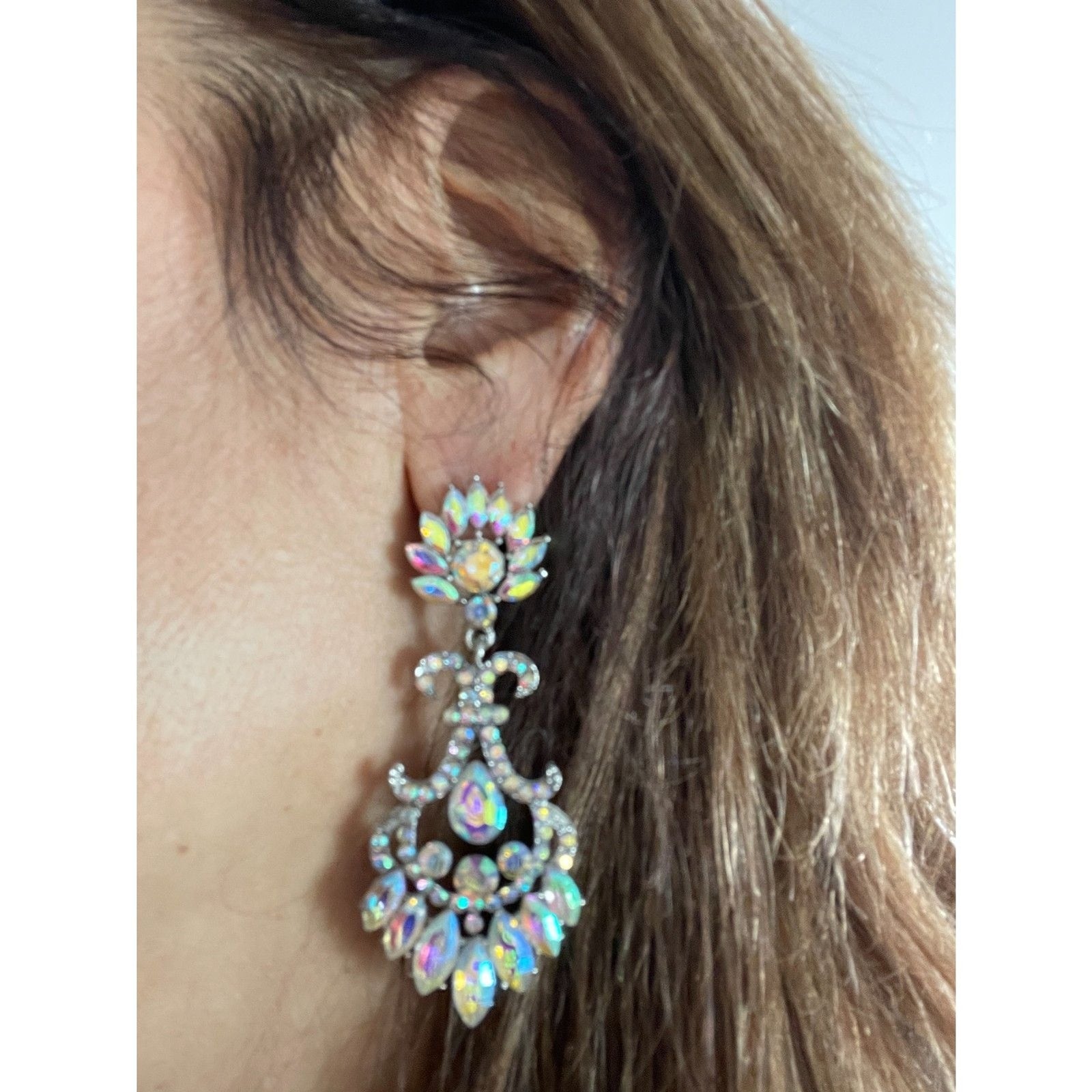 Long Silver Aurora Borealis Austrian Crystal Pageant Earrings 2.75 inches1