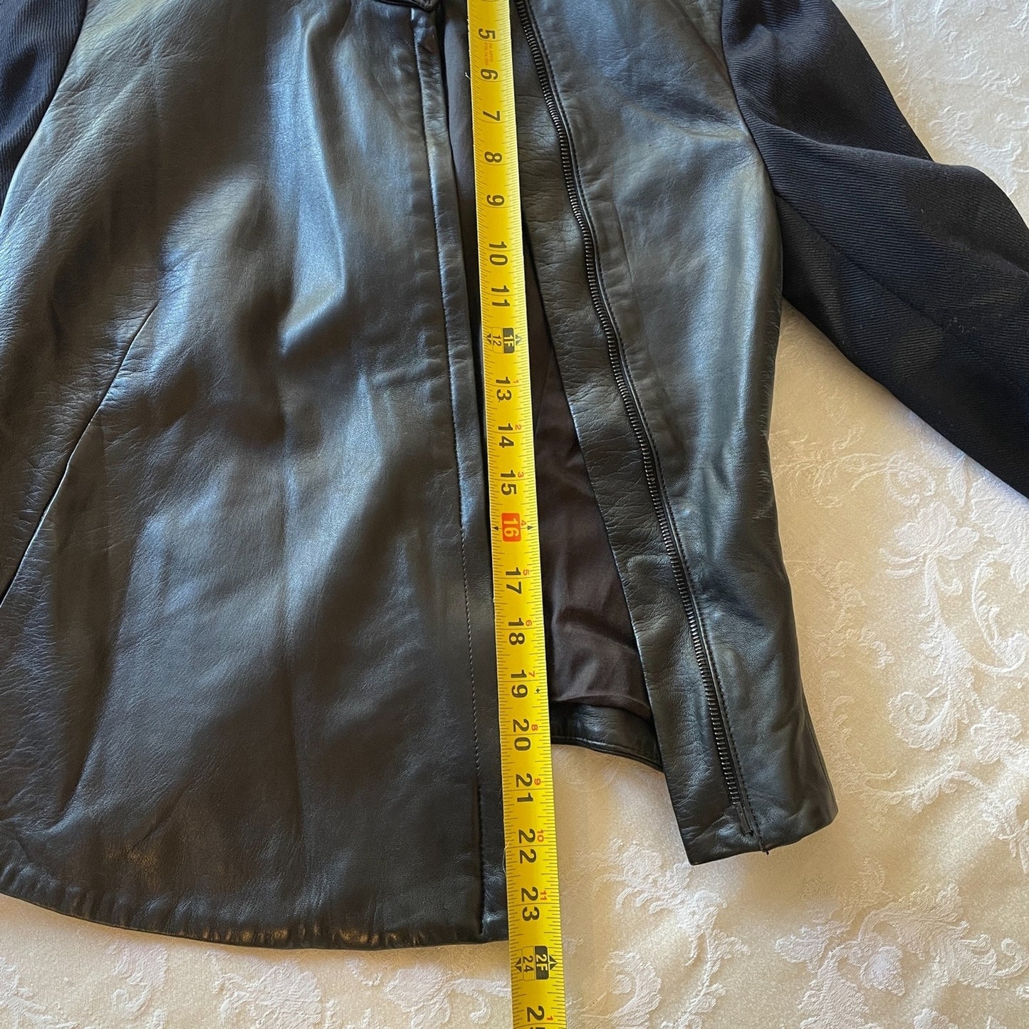 RAG & BONE Black Leather Jacket Asymmetrical Zipper, Wool Sleeves, Size 69