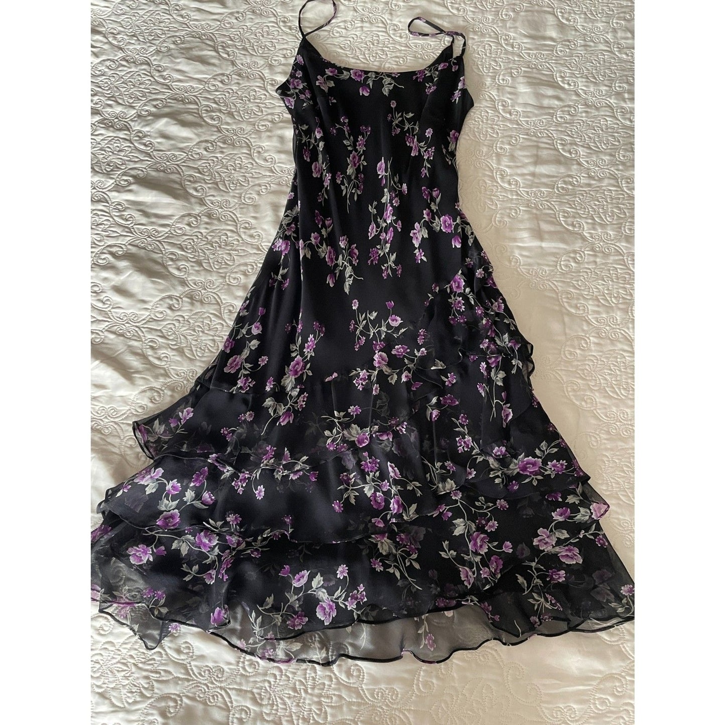 ROBBIE BEE NWOT Black & Purple Floral 100% Silk Slip Dress w/Sequin Top, Size 4P4