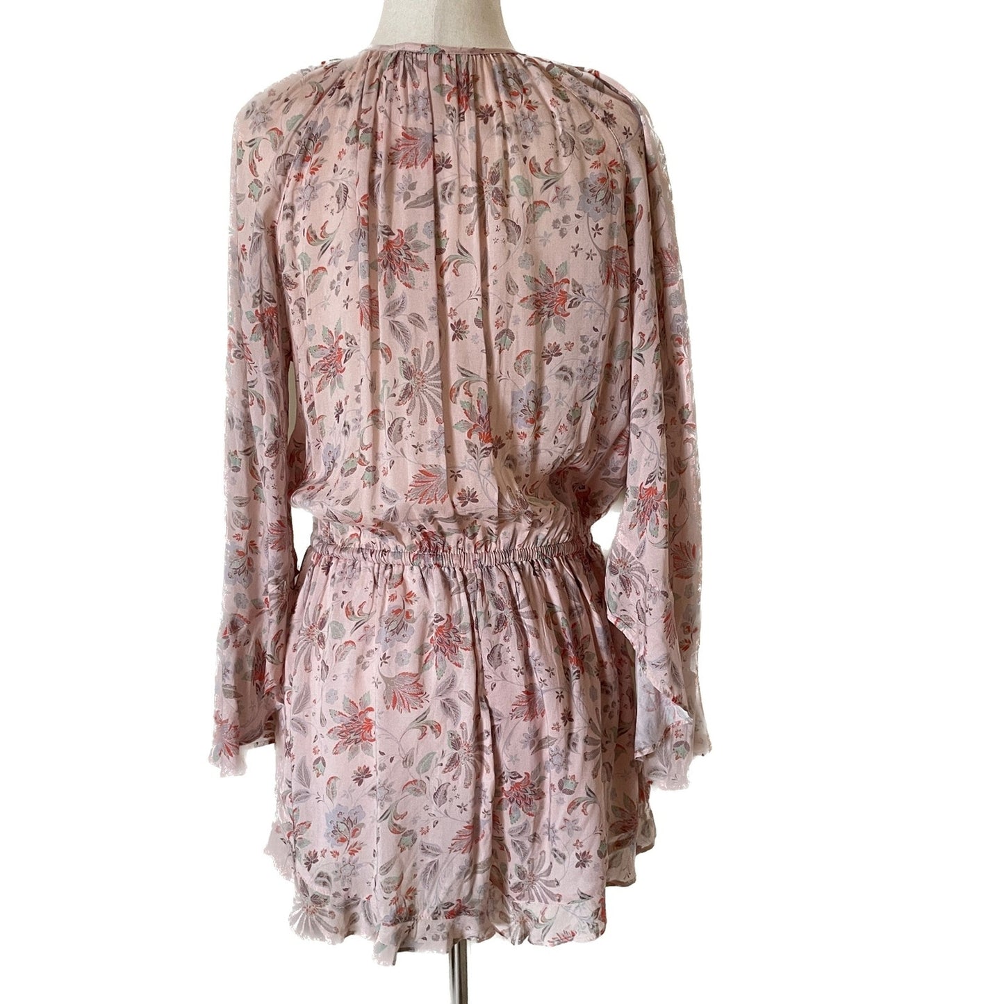 OLIVACEOUS New Peach Floral Rayon Romper with Ruffles, Size S2