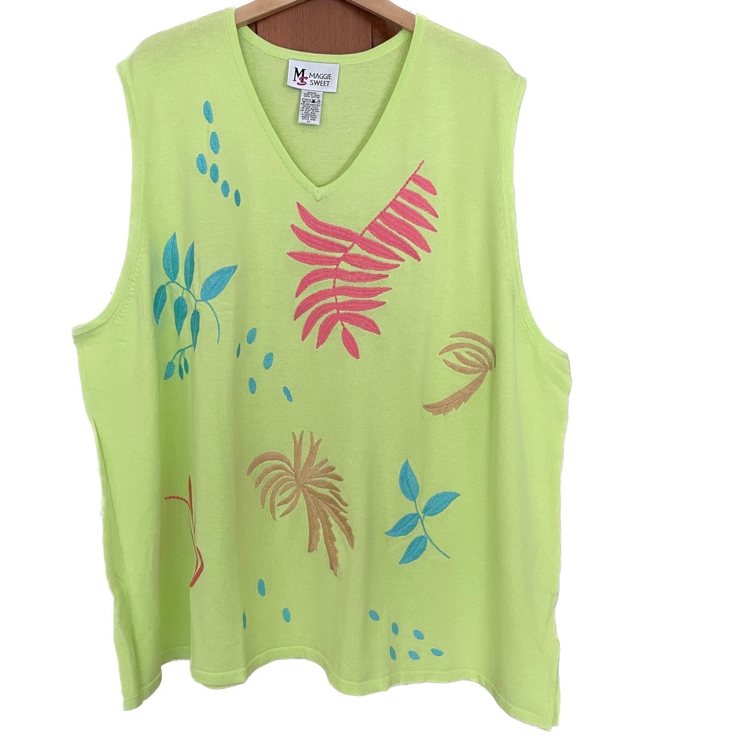 MAGGIE SWEET 100% Cotton Embroidered Lime Green Palm Trees Knit Tank, Size 4X0