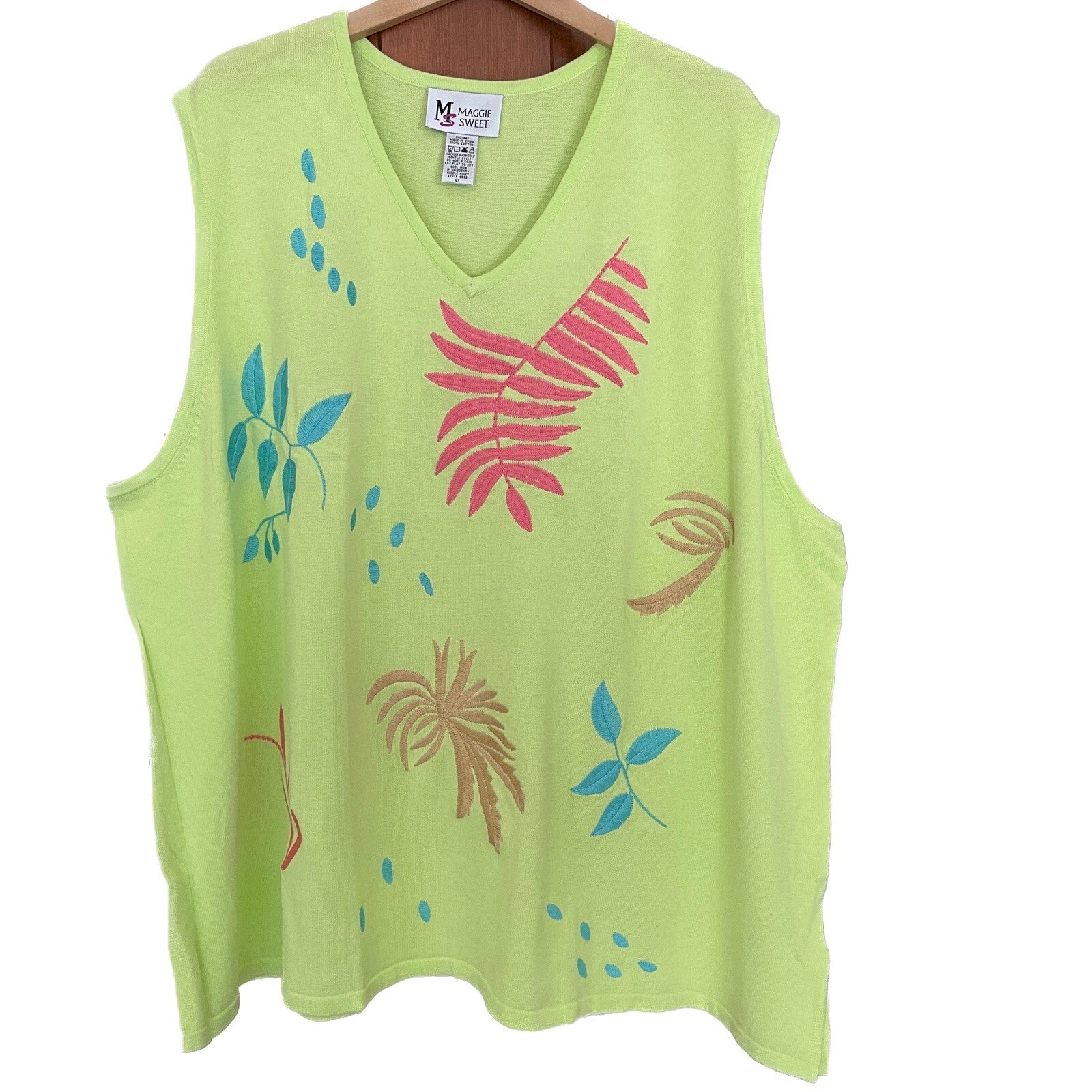 MAGGIE SWEET 100% Cotton Embroidered Lime Green Palm Trees Knit Tank, Size 4X0