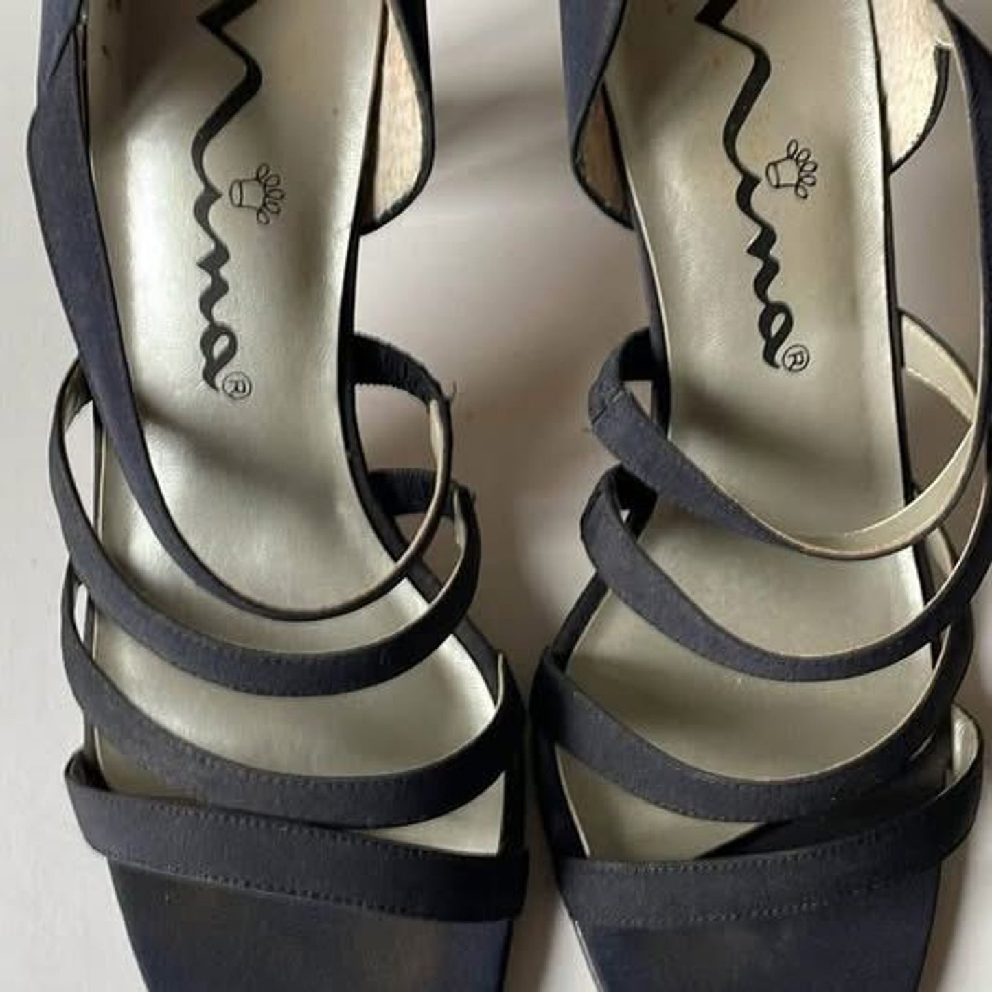 Nina Navy Strappy Leather and Satin 3.5 inch Sandals, Size 8.5M1