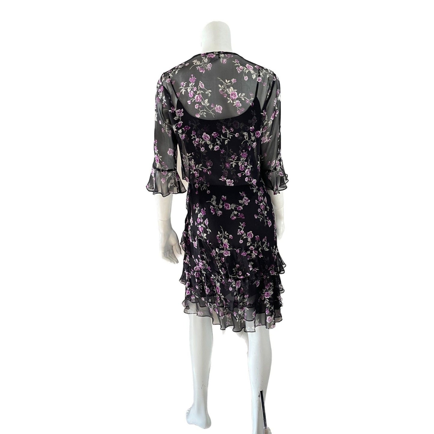 ROBBIE BEE NWOT Black & Purple Floral 100% Silk Slip Dress w/Sequin Top, Size 4P2