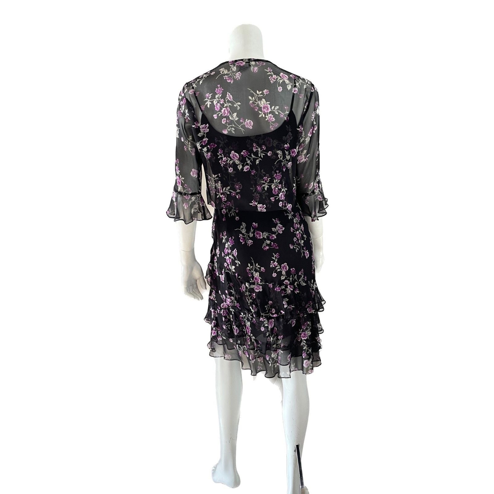 ROBBIE BEE NWOT Black & Purple Floral 100% Silk Slip Dress w/Sequin Top, Size 4P2