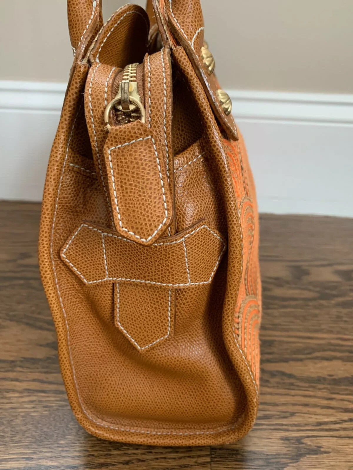 ERIC JAVITS Lil Circles Natural & Orange Scalloped Leather & Raffia Handbag3