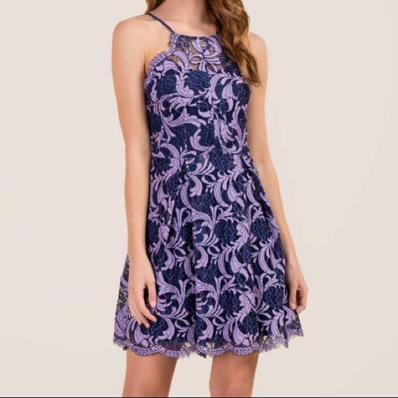 FRANCESCA’S lace halter dress in purple and blue0