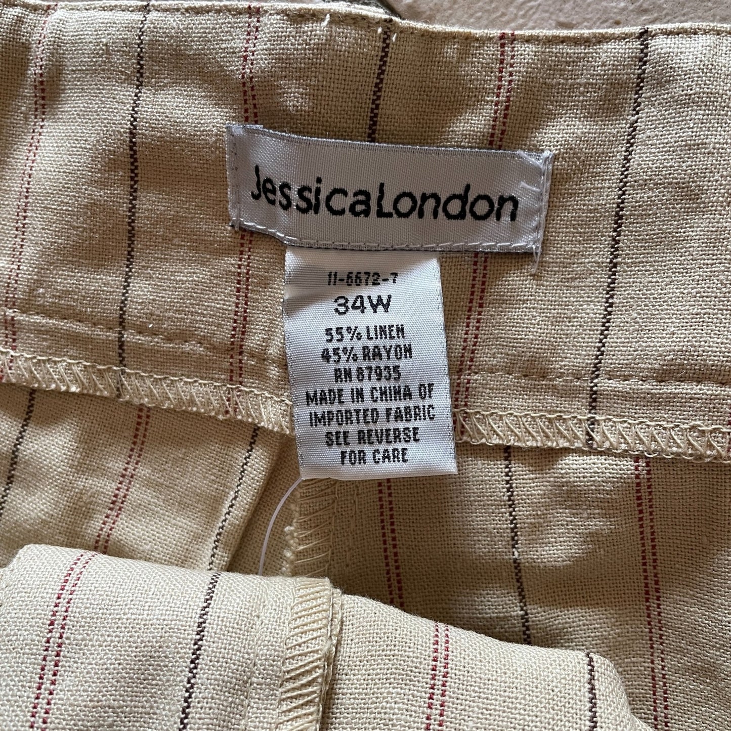 JESSICA LONDON New Beige Linen Chino Pants with Burgundy Pinstripes, Size 34W5