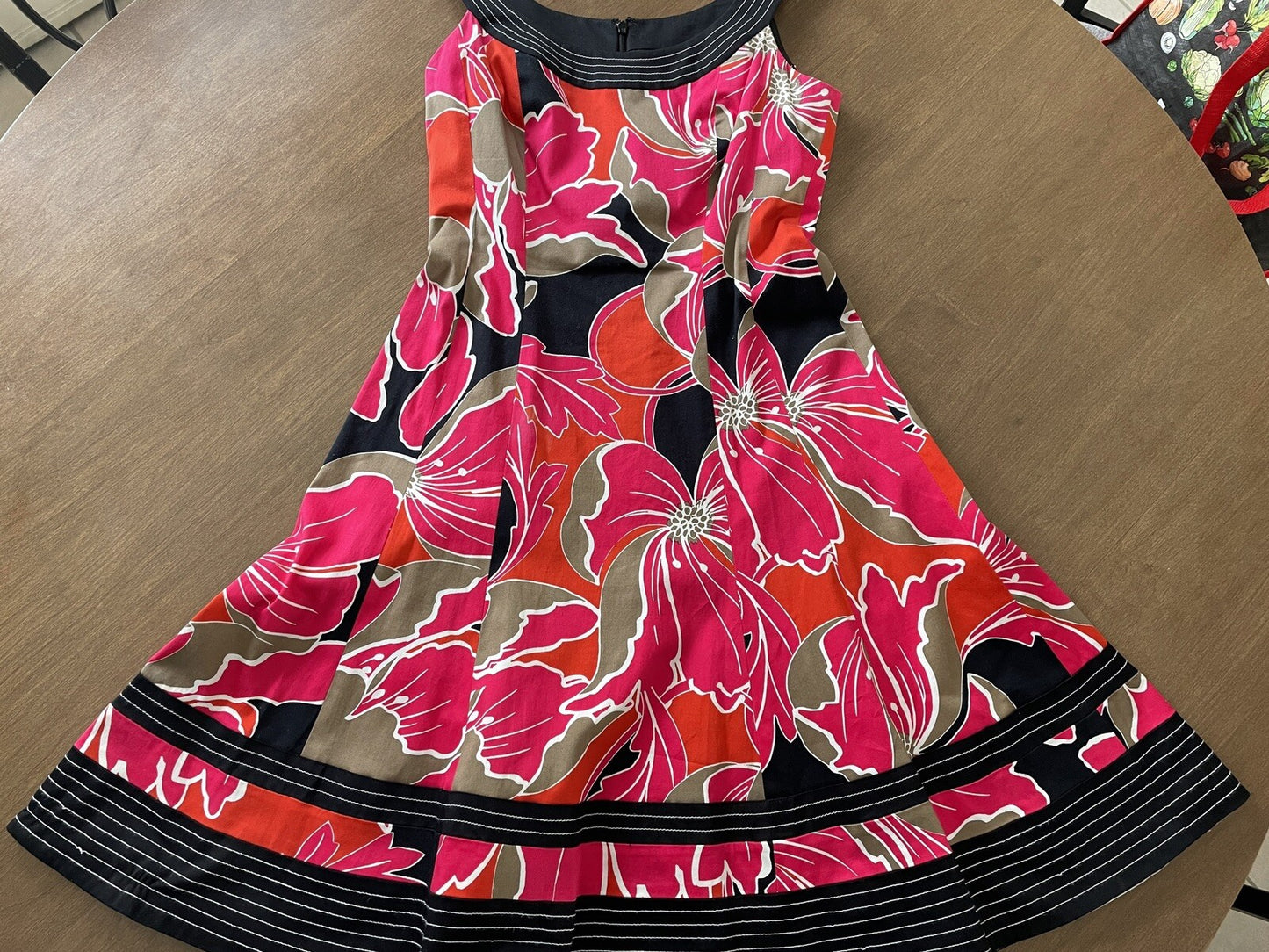 NINE WEST Red, Black Bold Floral Fit Flare Cotton Sleeveless Dress, Size 47