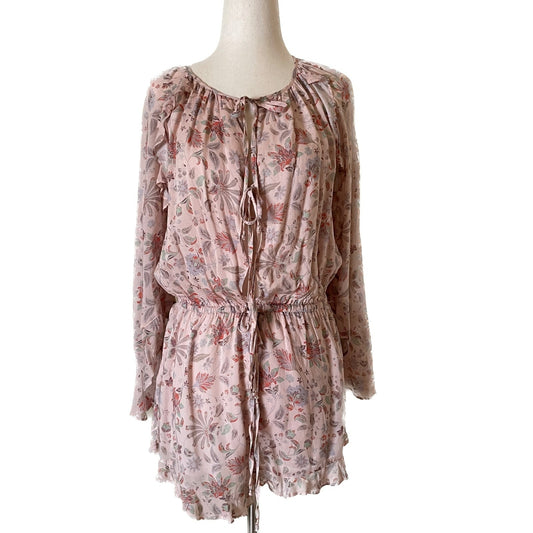 OLIVACEOUS New Peach Floral Rayon Romper with Ruffles, Size S0