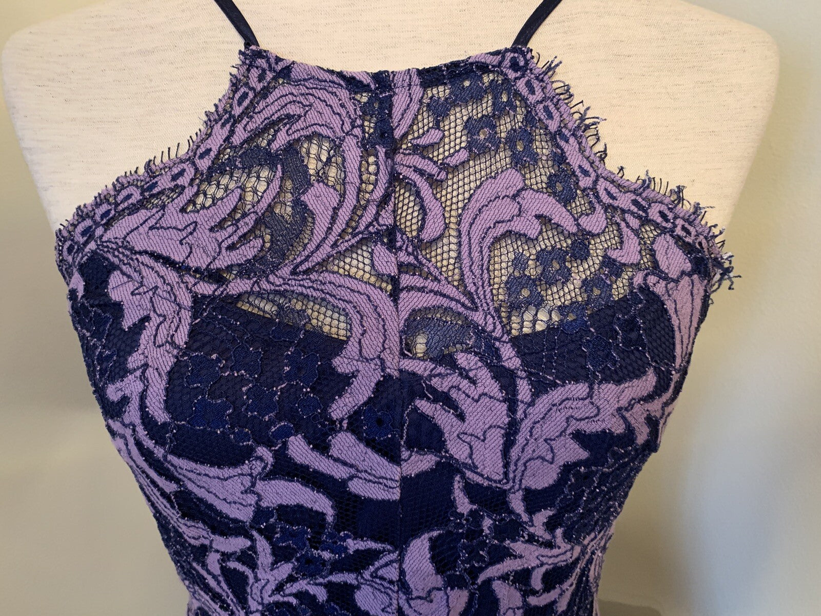FRANCESCA’S lace halter dress in purple and blue4