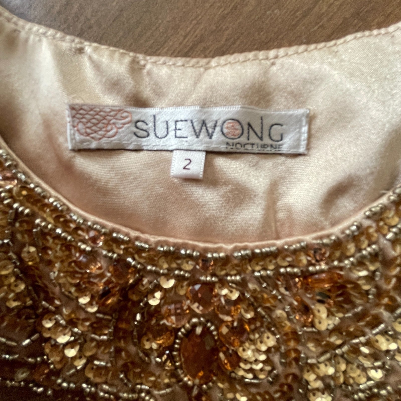 SUE WONG New Gold Sequin Beaded Swirl Dress, Size 23