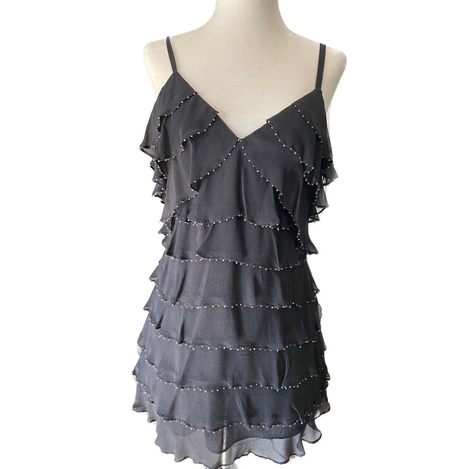 INC INTERNATIONAL CONCEPTS New 100% Silk Black Beaded Ruffle Camisole Tank, Sz 40