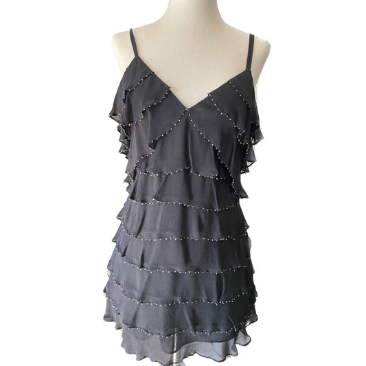 INC INTERNATIONAL CONCEPTS New 100% Silk Black Beaded Ruffle Camisole Tank, Sz 40