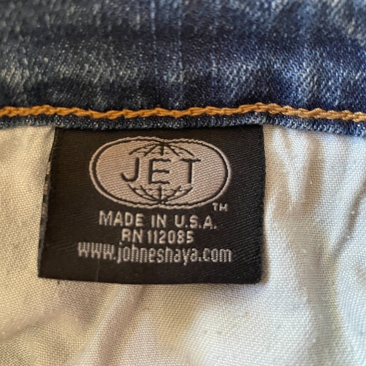 JET John Eshaya New Medium Wash Denim Jeans, camouflage knees, Size 04