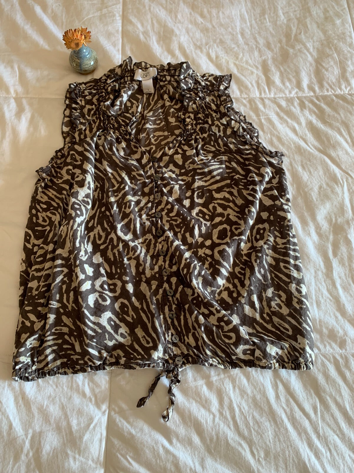 LOFT 100% Cotton Brown & Cream Animal Print Tank with Ruffles1