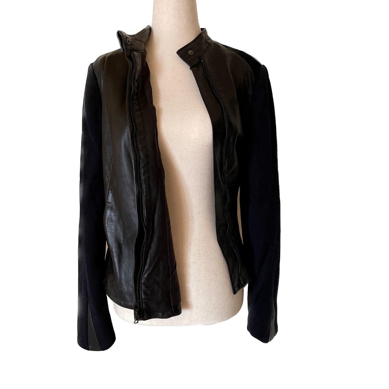 RAG & BONE Black Leather Jacket Asymmetrical Zipper, Wool Sleeves, Size 61