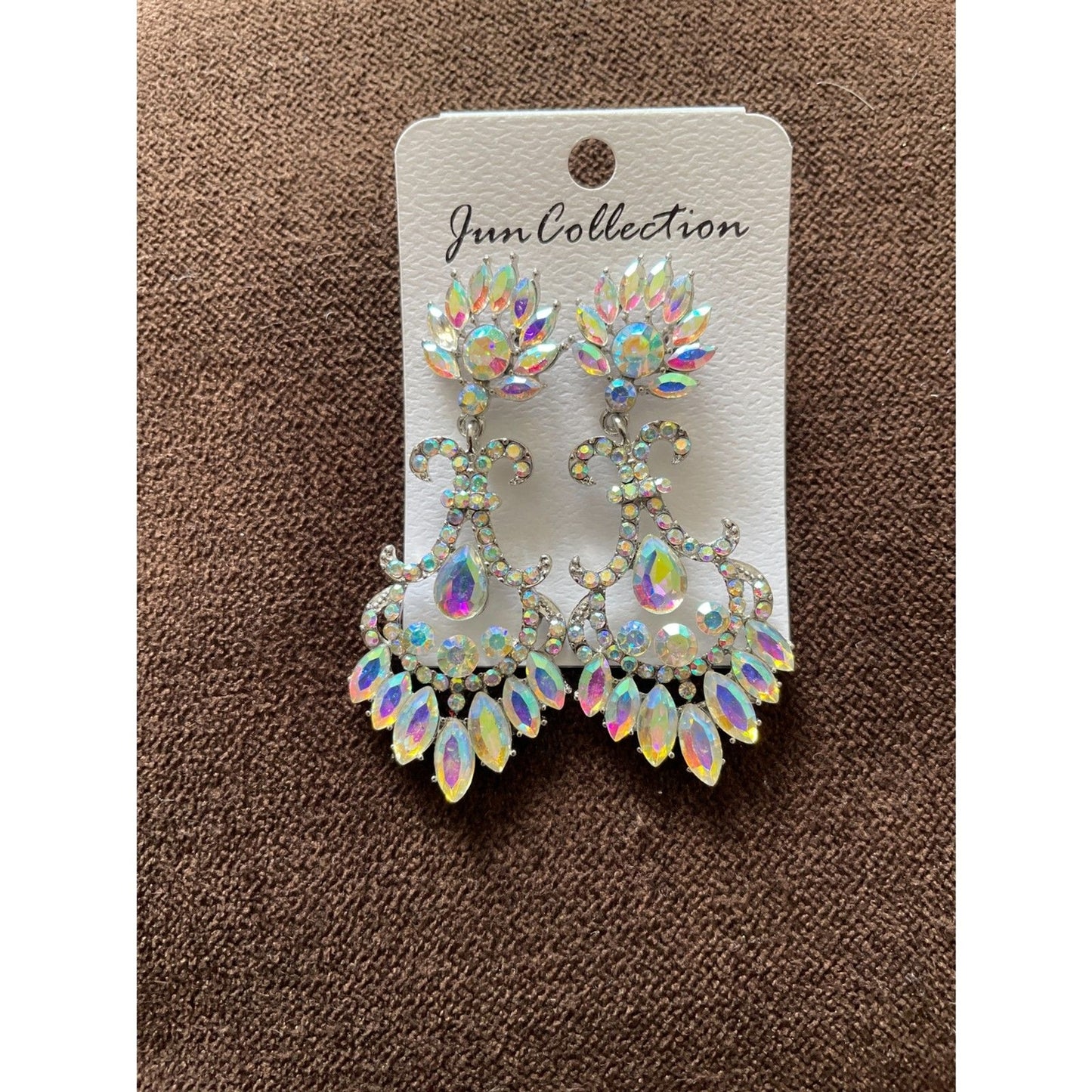 Long Silver Aurora Borealis Austrian Crystal Pageant Earrings 2.75 inches0