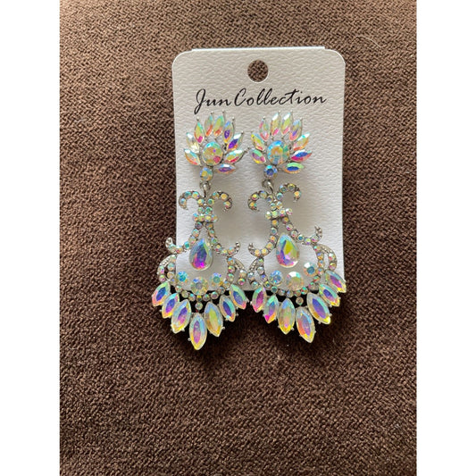 Long Silver Aurora Borealis Austrian Crystal Pageant Earrings 2.75 inches0