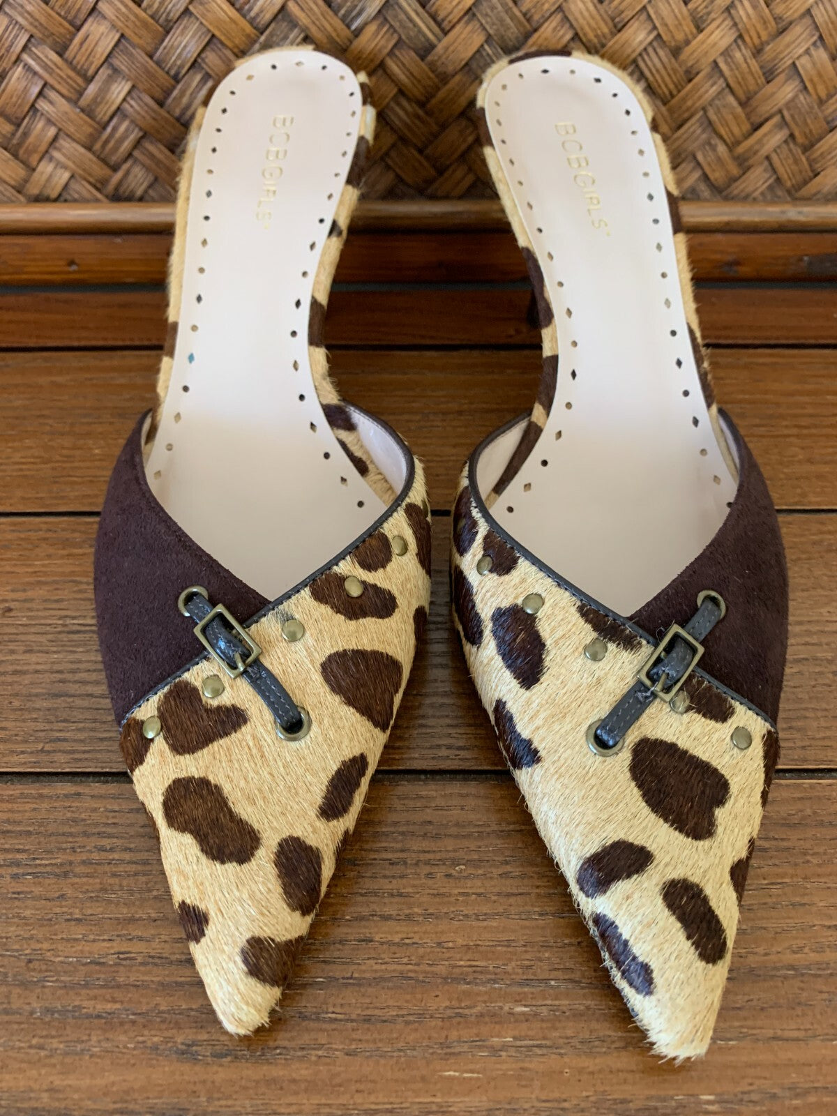 BCBGirls Mink-like Suede Leopard Mules, Size 9.50