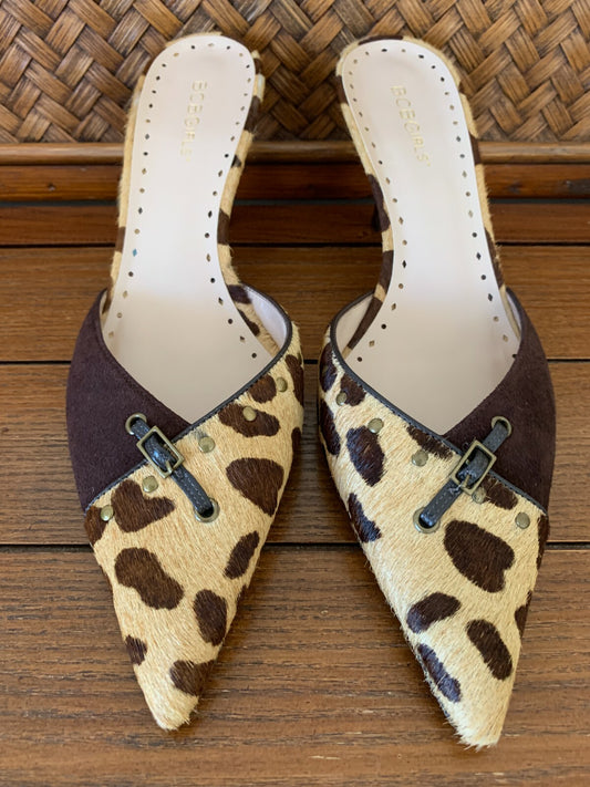 BCBGirls Mink-like Suede Leopard Mules, Size 9.50
