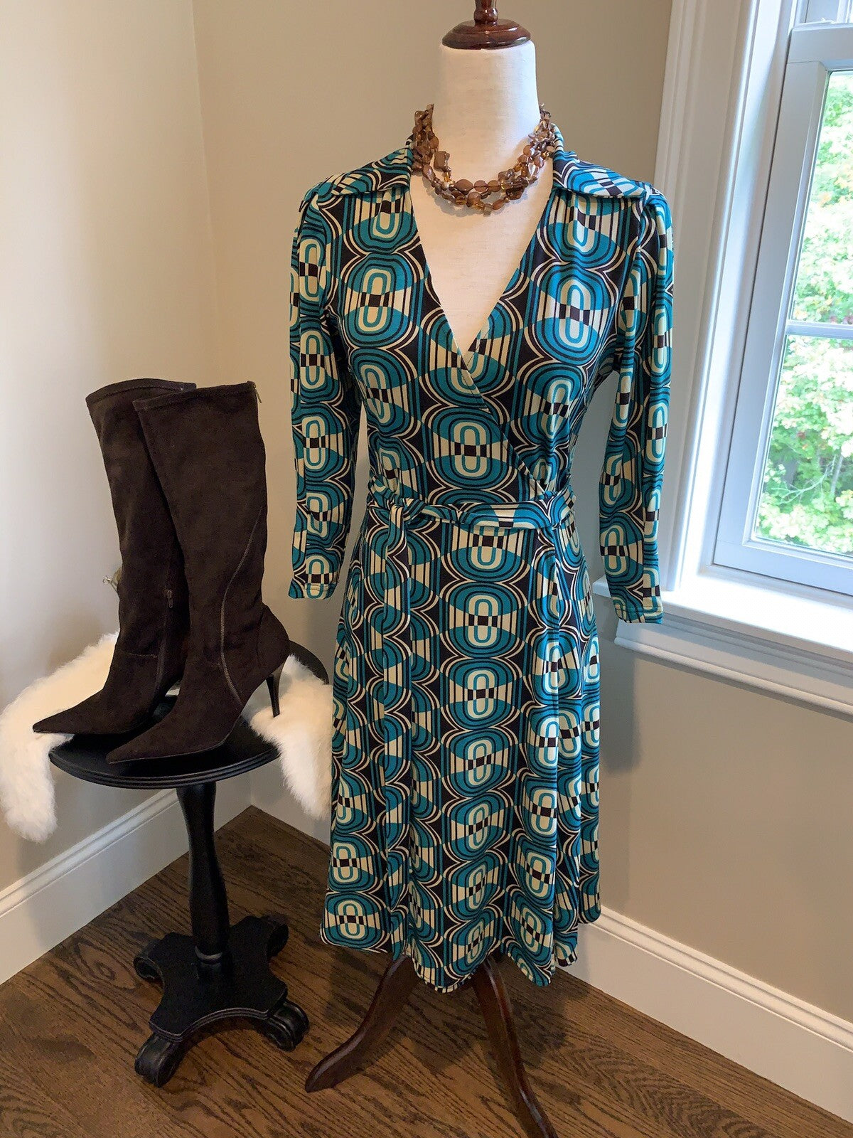 TEMPO PARIS Jade Green, Brown, Cream Geometric Print Dress, Size S2