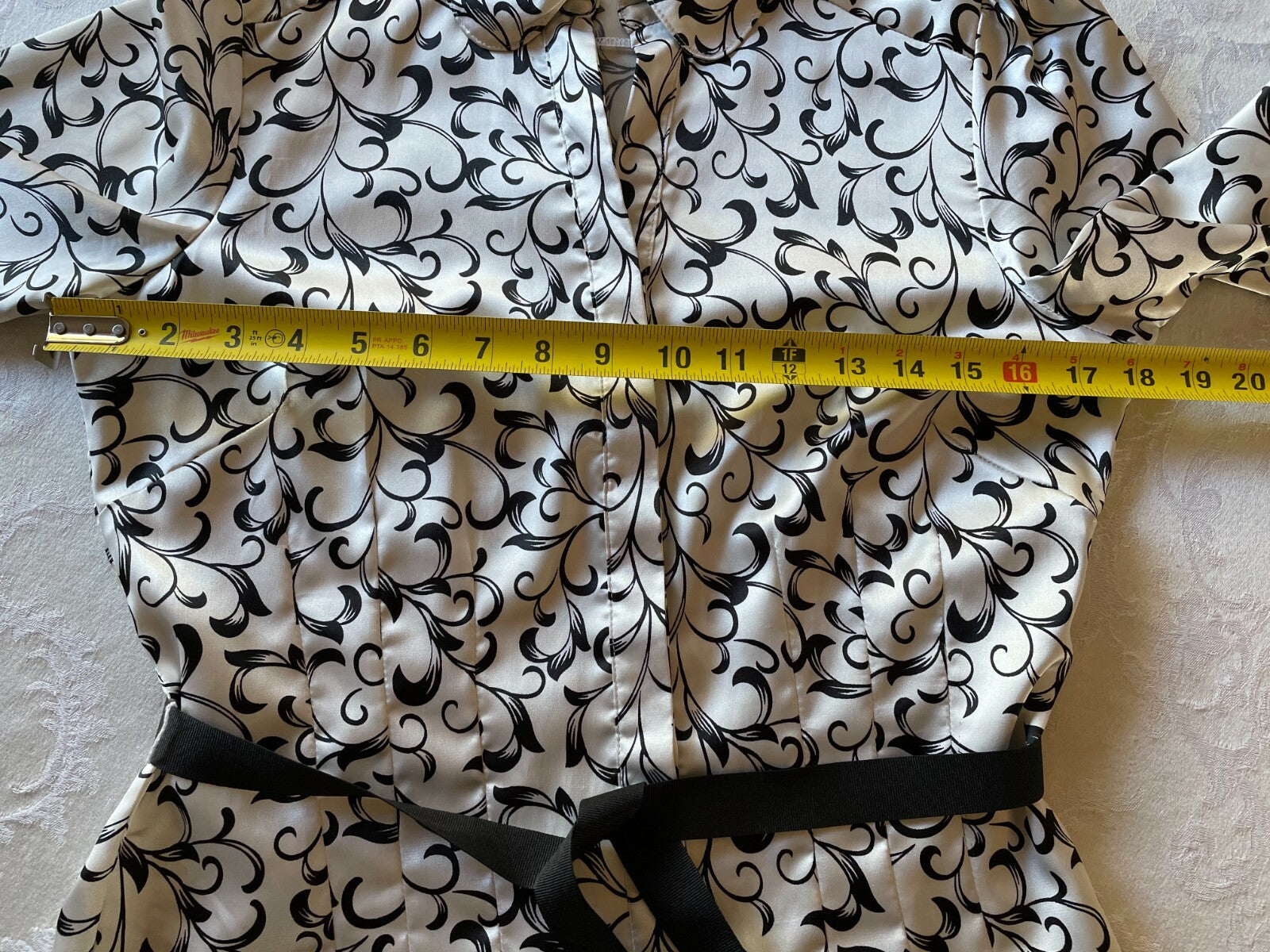 Classic White & Black Swirl Blouse with Ribbon Tie, Size Small4