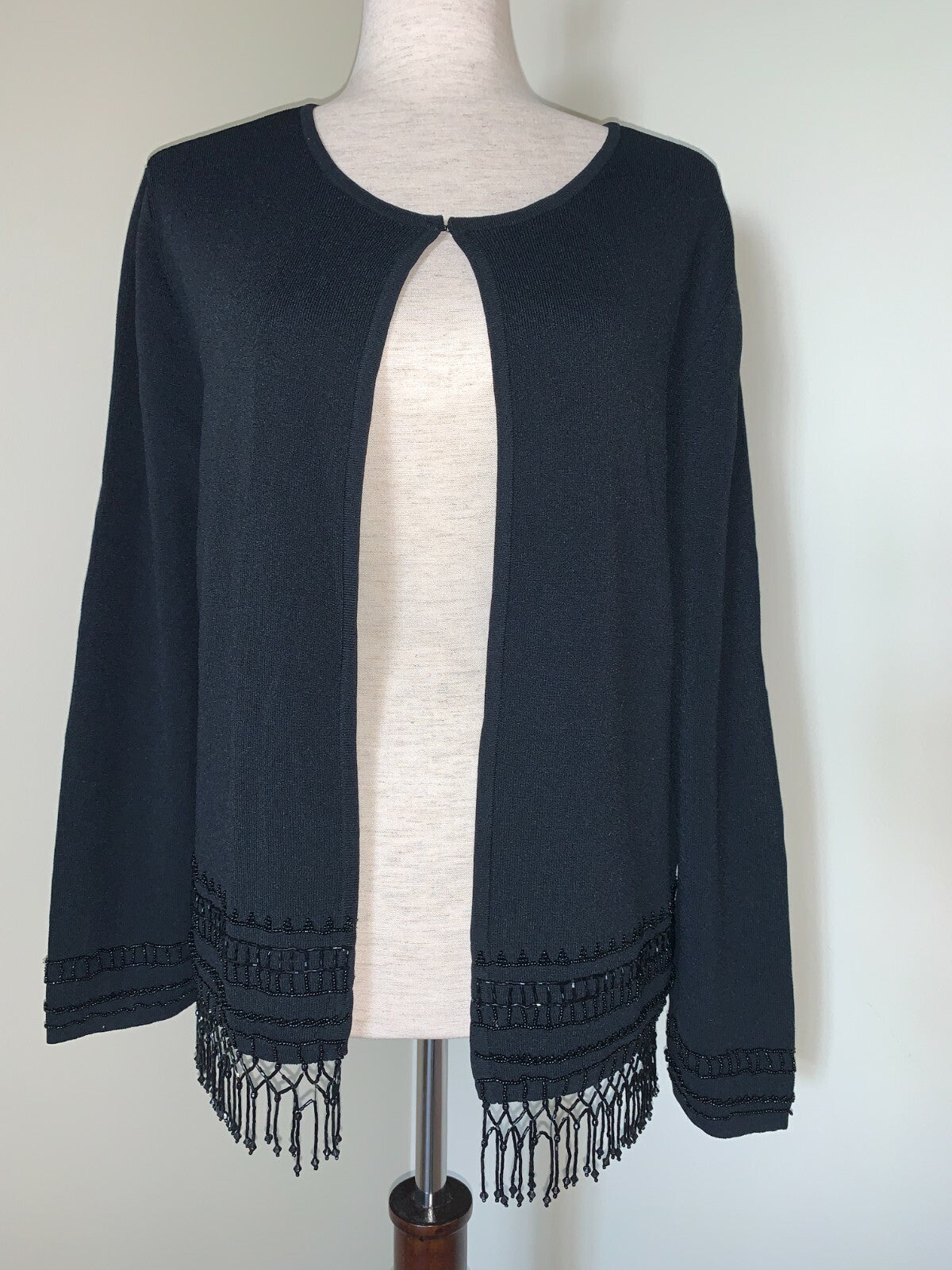 CHICO’S Black Dressy Vintage Cardigan Sweater with Black Beaded Fringe Trim0