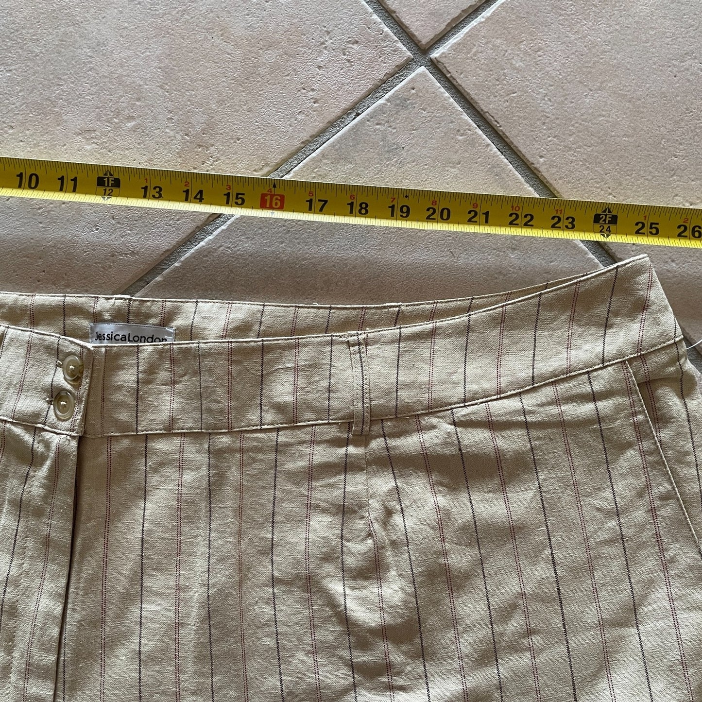 JESSICA LONDON New Beige Linen Chino Pants with Burgundy Pinstripes, Size 34W9