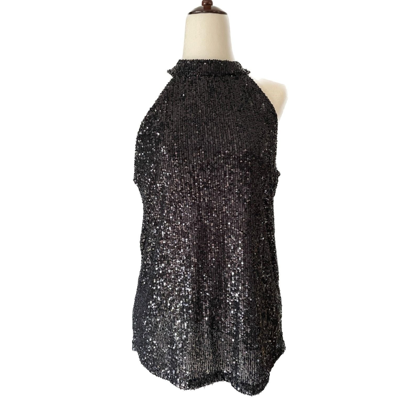 CABLE & GAUGE New Black Sequin Sleeveless Turtleneck Halter Top, Size Small0
