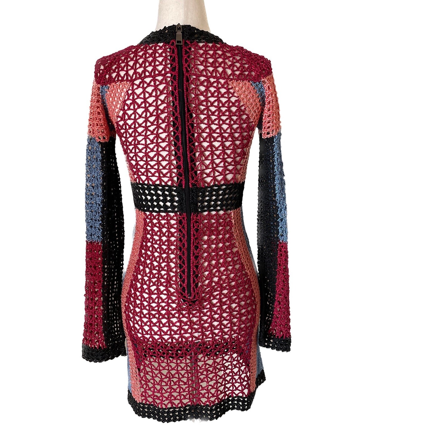 BEBE Colorful Crochet Knit Long Sleeve Mini Dress, Size XS2