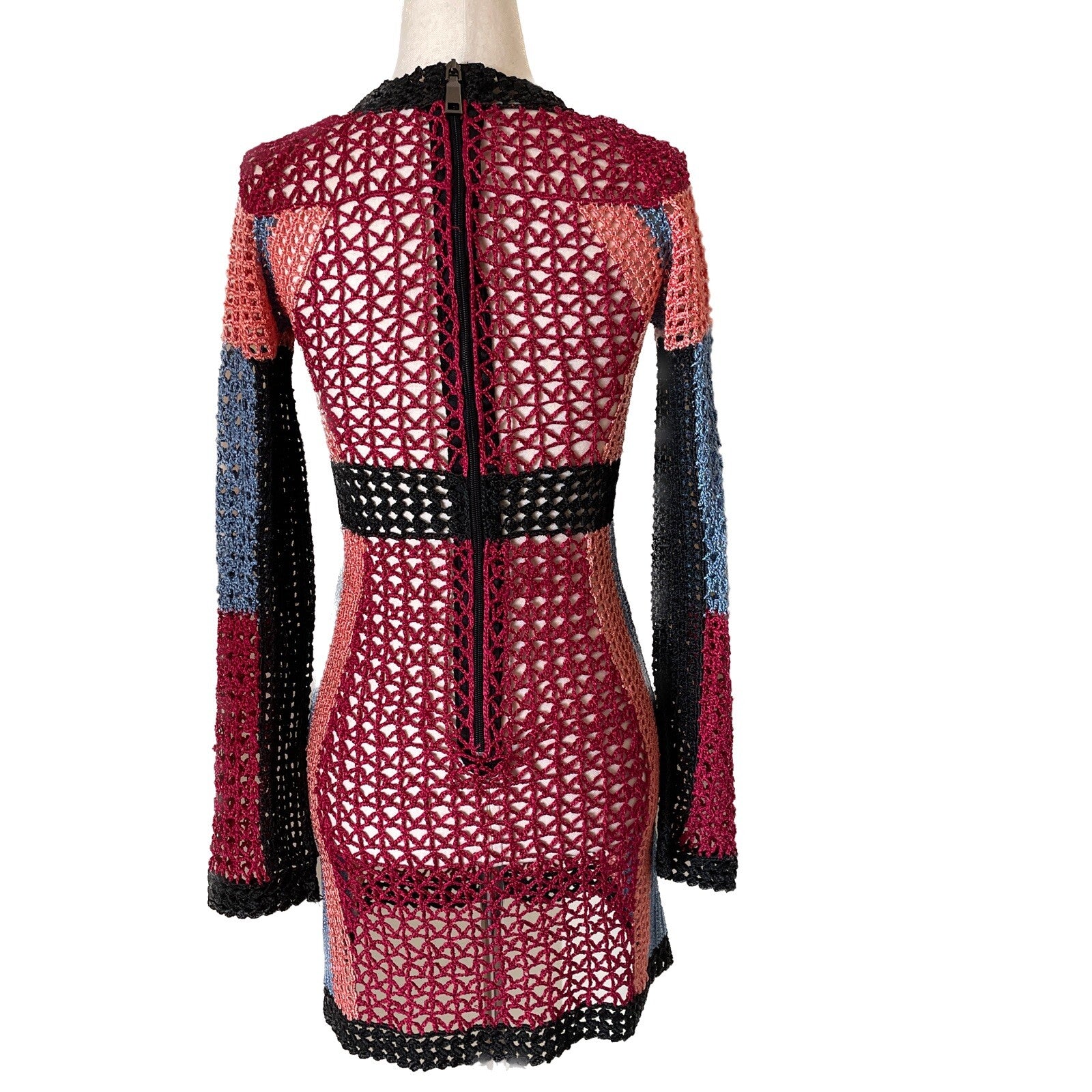 BEBE Colorful Crochet Knit Long Sleeve Mini Dress, Size XS2