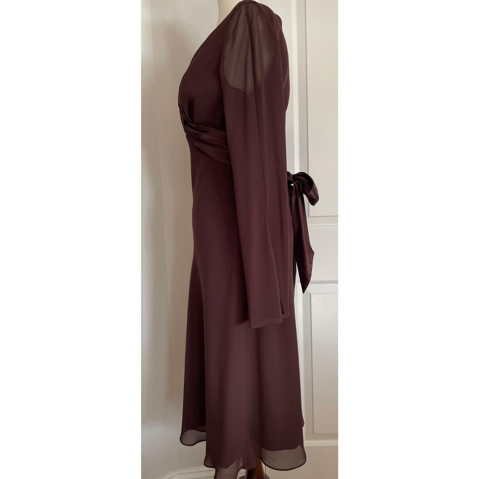 LIZ CLAIRBORNE Chocolate Brown Sheer Dress with Satin Sash Bow, Size 43
