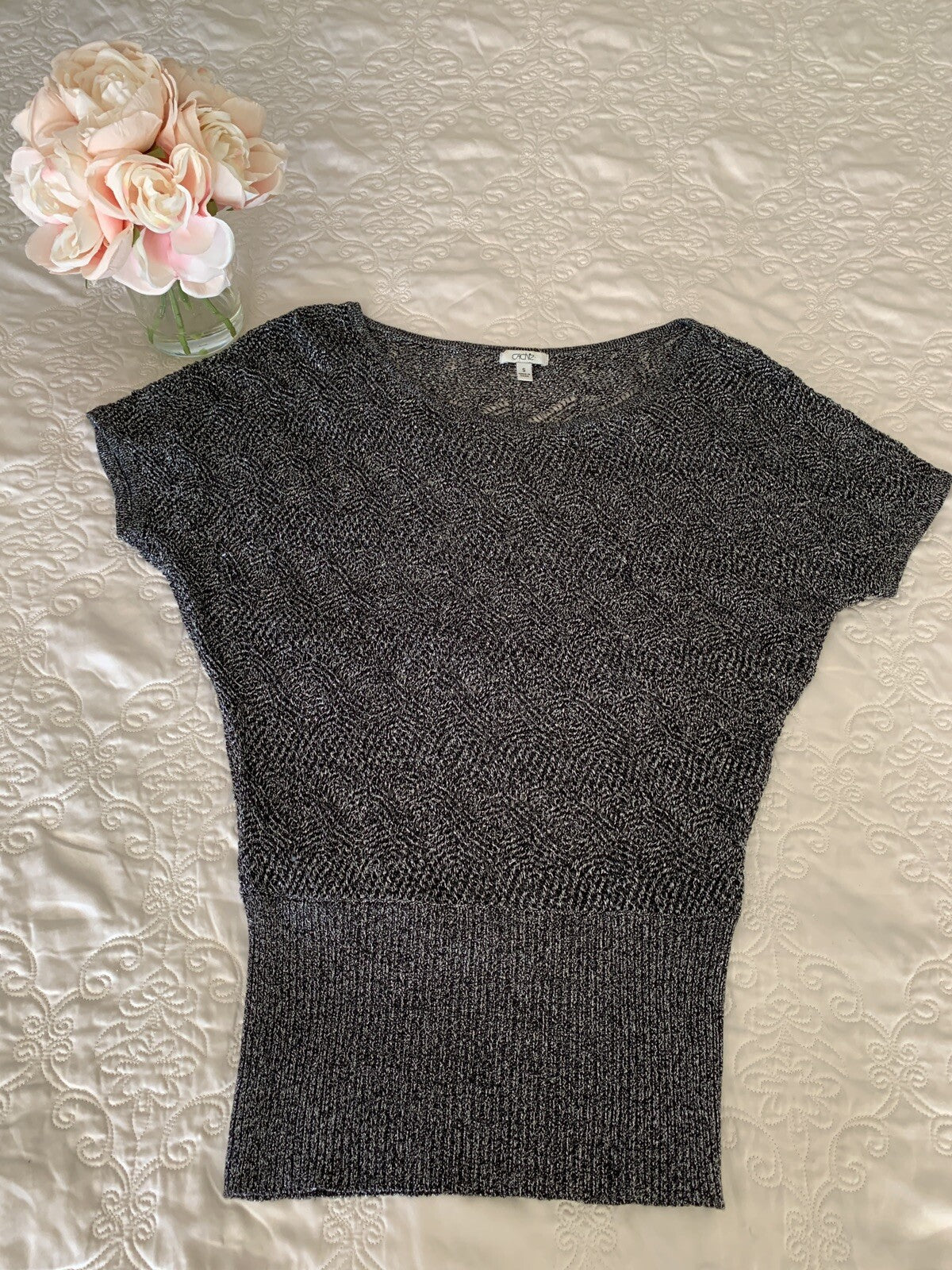 CACHE Open Knit METALLIC Silver Crochet Sweater, Size S3