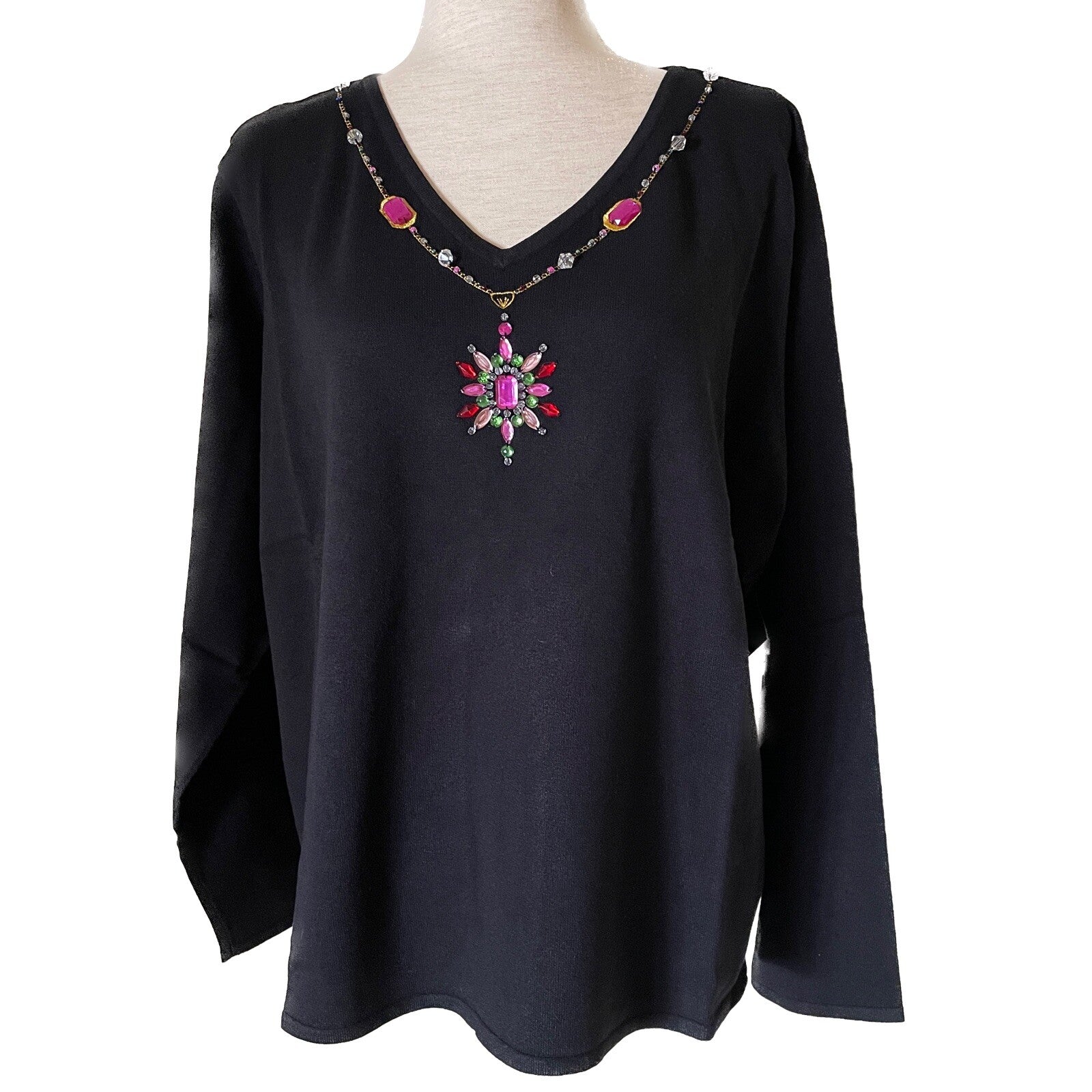 PINK POODLE New Black Sweater with Jeweled V-Neck Sweater, Size 3X0