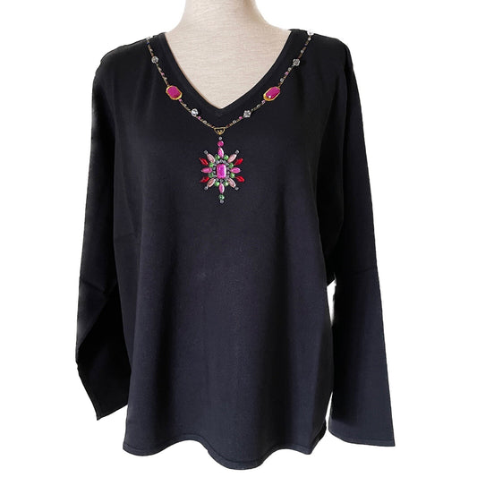 PINK POODLE New Black Sweater with Jeweled V-Neck Sweater, Size 3X0