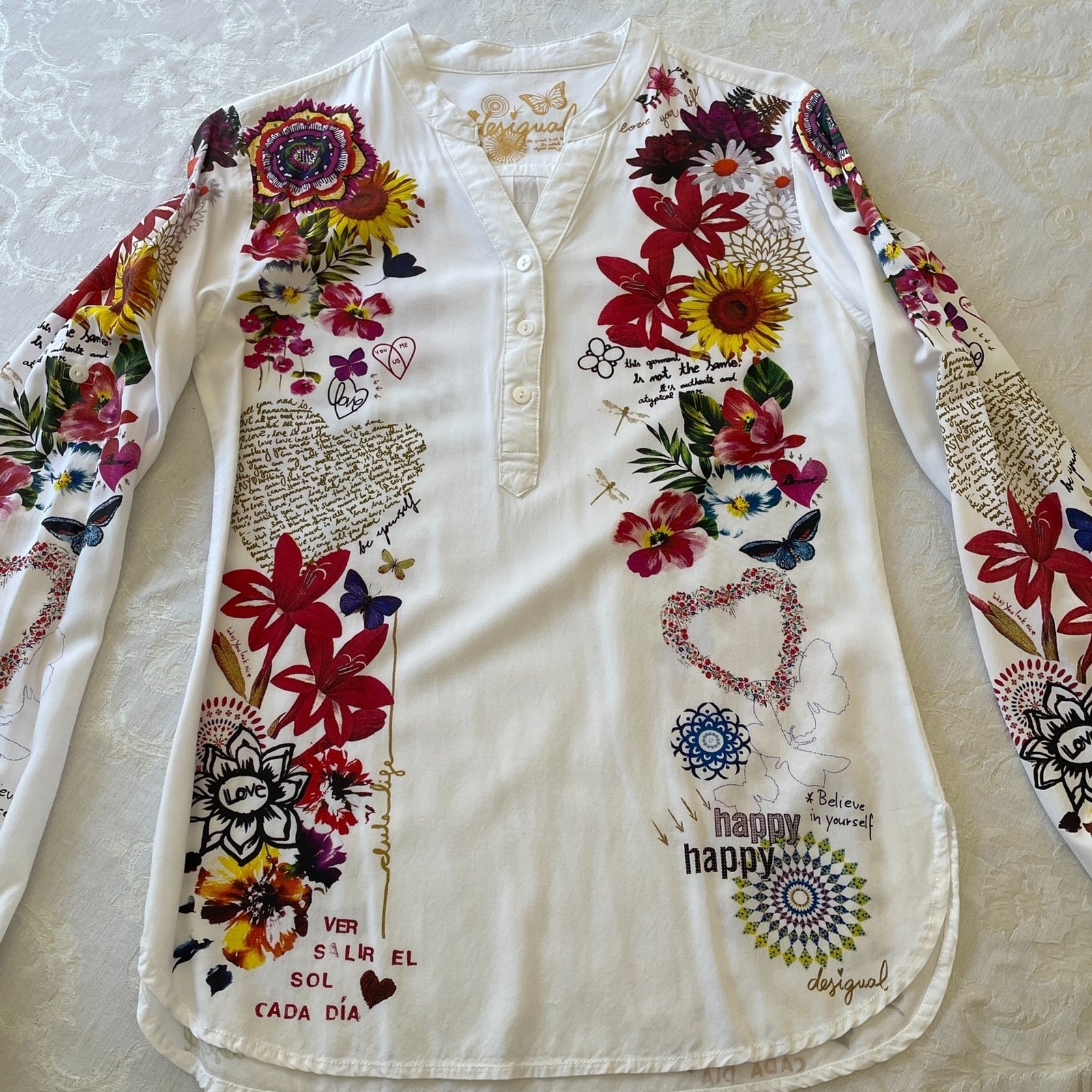 DESIGUAL New White Colorful Floral Top, Size Small0