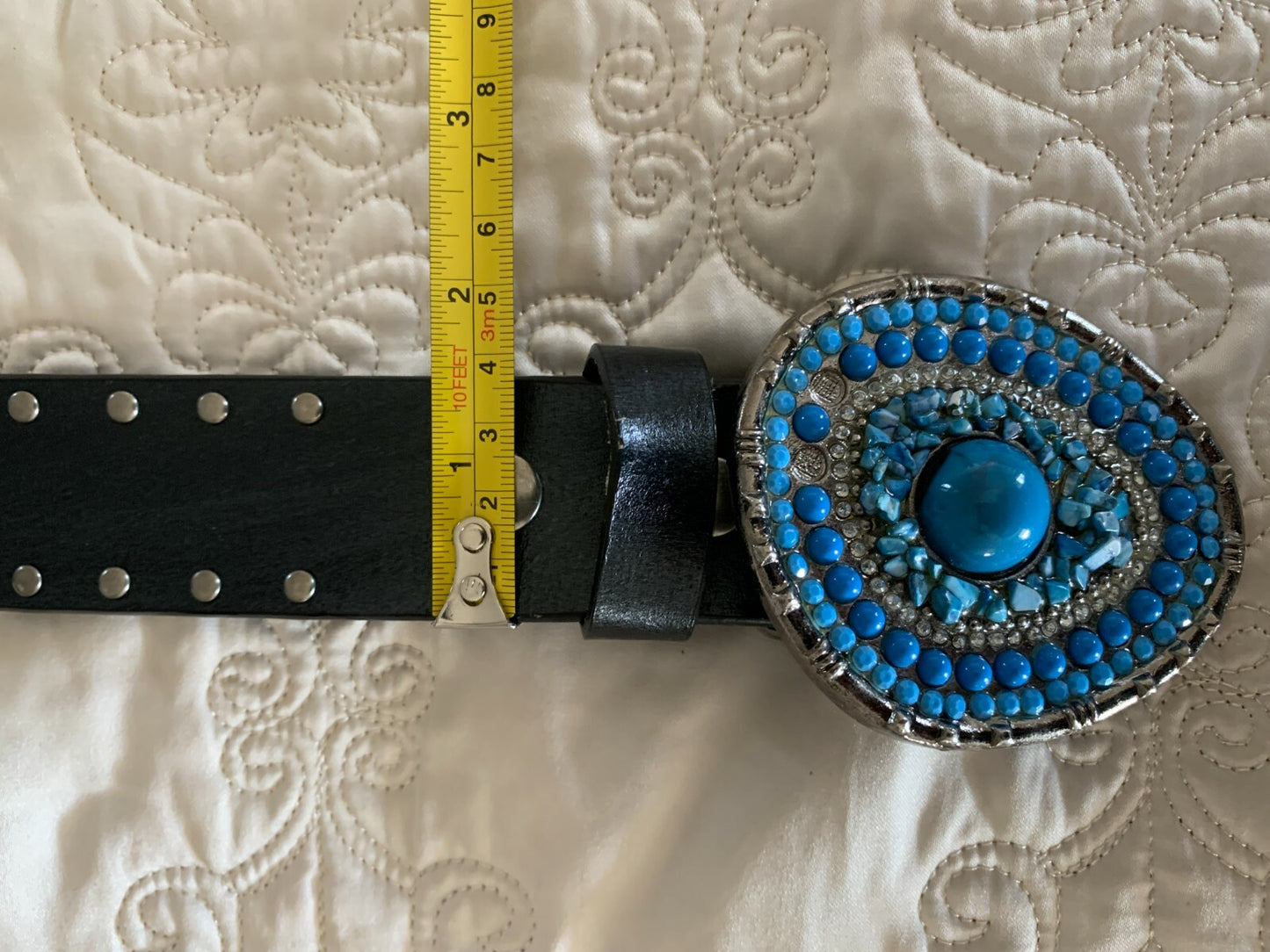 Blue Stone Buckle Black Leather Belt4