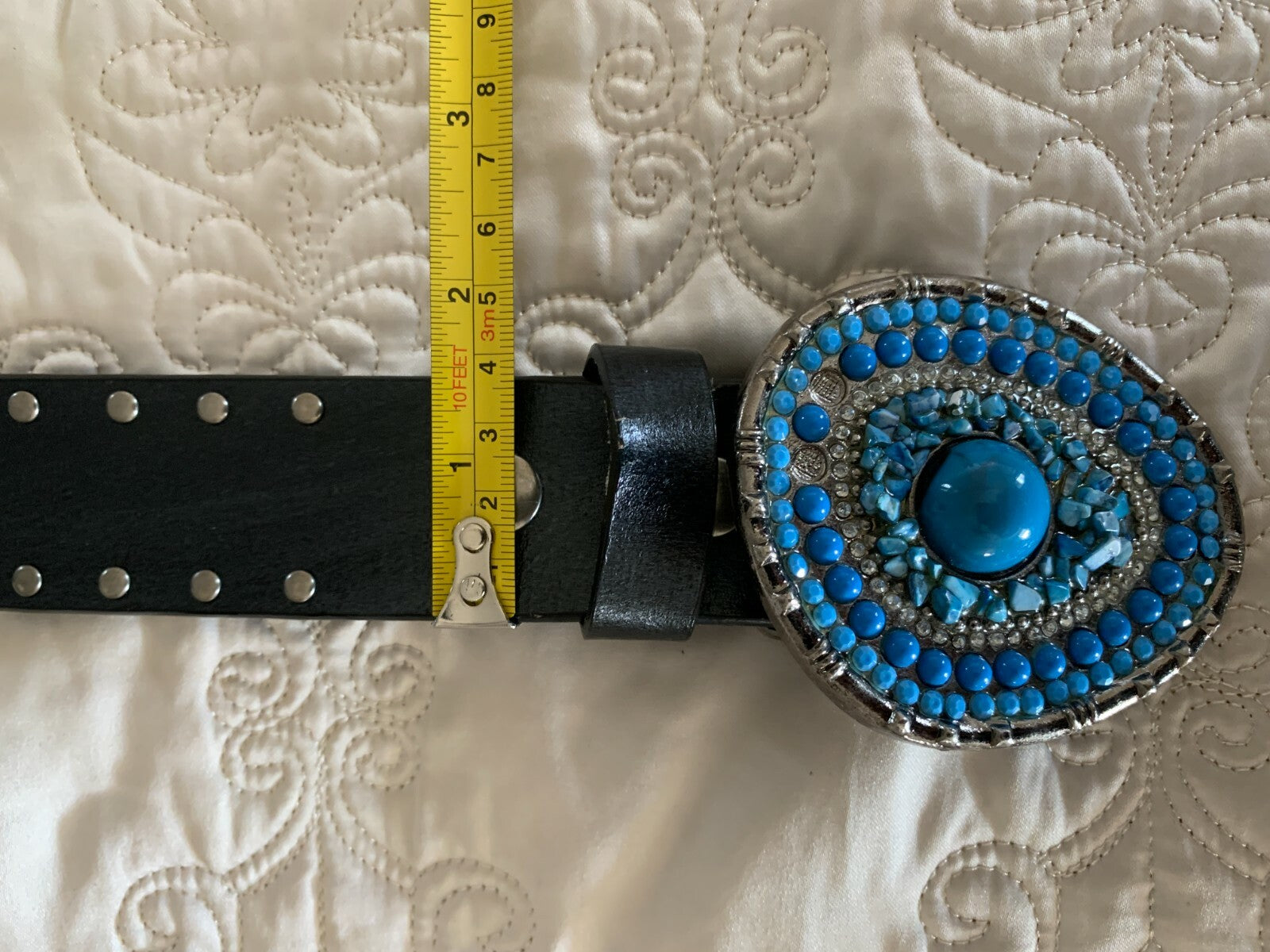 Blue Stone Buckle Black Leather Belt4