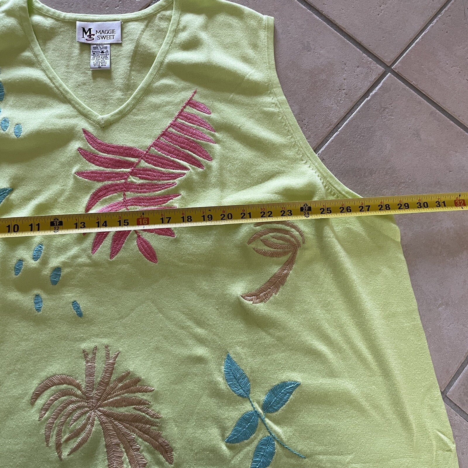MAGGIE SWEET 100% Cotton Embroidered Lime Green Palm Trees Knit Tank, Size 4X6
